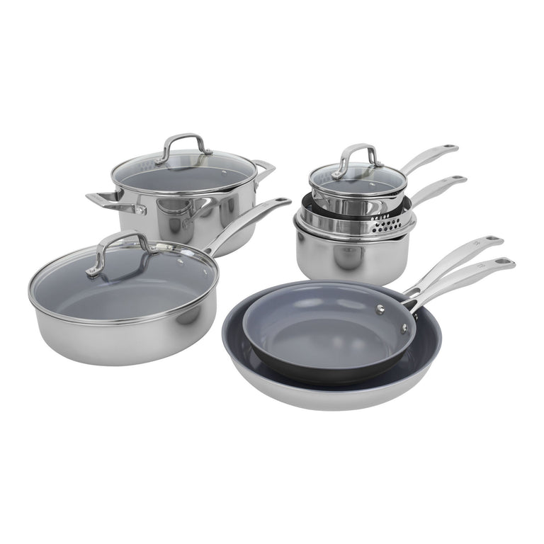 Henckels 10pc Stainless Steel Ceramic Non-Stick Cookware Set, CLAD H3 Ceramic Non-Stick Series