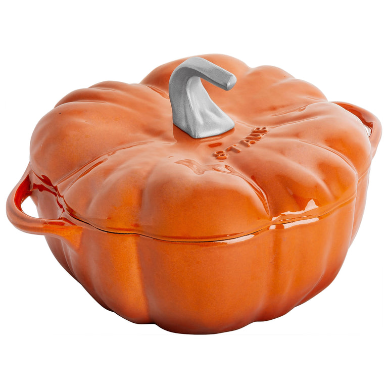 Staub 3.5 Qt. Cast Iron Pumpkin Dutch Oven in Burnt Orange with Stainless Steel Handle, Specialty Shaped Cocottes Series