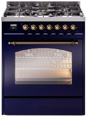 ILVE Nostalgie II 30" Dual Fuel Natural Gas Range in Blue with Bronze Trim, UP30NMPMBB