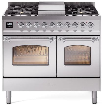 ILVE Nostalgie II 40" Dual Fuel Natural Gas Range in Stainless Steel with Chrome Trim, UPD40FNMPSSC