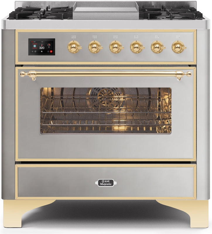ILVE Majestic II 36" Dual Fuel Natural Gas Range in Stainless Steel with Brass Trim, UM09FDNS3SSG