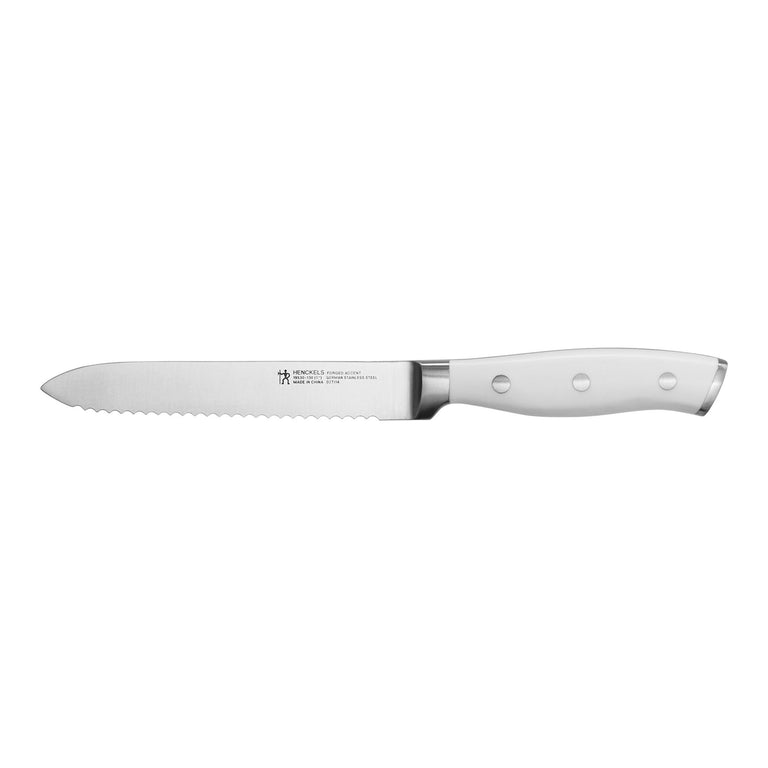 Henckels 5" Serrated Utility Knife with White Handle, Forged Accent Series