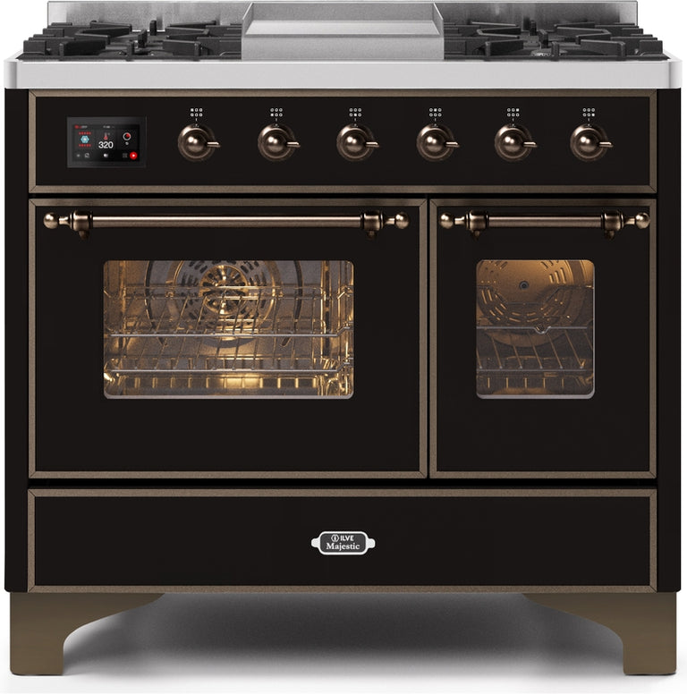 ILVE Majestic II 40" Dual Fuel Natural Gas Range in Glossy Black with Bronze Trim, UMD10FDNS3BKB