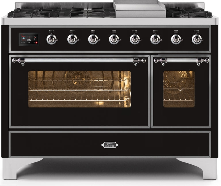 ILVE Majestic II 48" Dual Fuel Natural Gas Range in Glossy Black with Chrome Trim, UM12FDNS3BKC