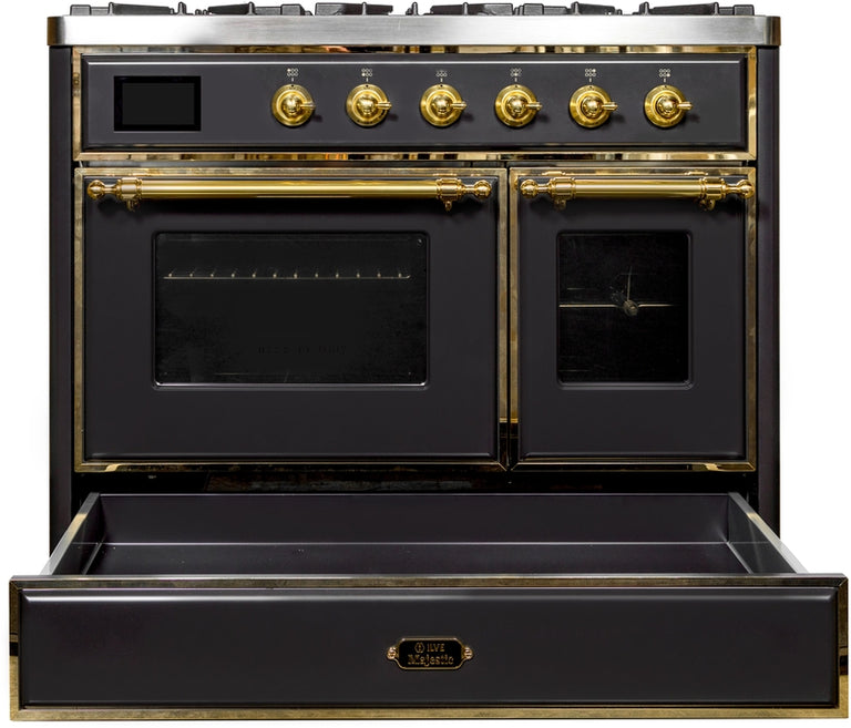 ILVE Majestic II 40" Dual Fuel Natural Gas Range in Matte Graphite with Brass Trim, UMD10FDNS3MGG
