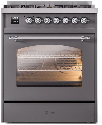 ILVE Nostalgie II 30" Dual Fuel Propane Gas Range in Matte Graphite with Chrome Trim, UP30NMPMGCLP