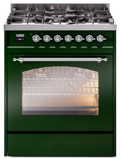 ILVE Nostalgie II 30" Dual Fuel Propane Gas Range in Emerald Green with Chrome Trim, UP30NMPEGCLP