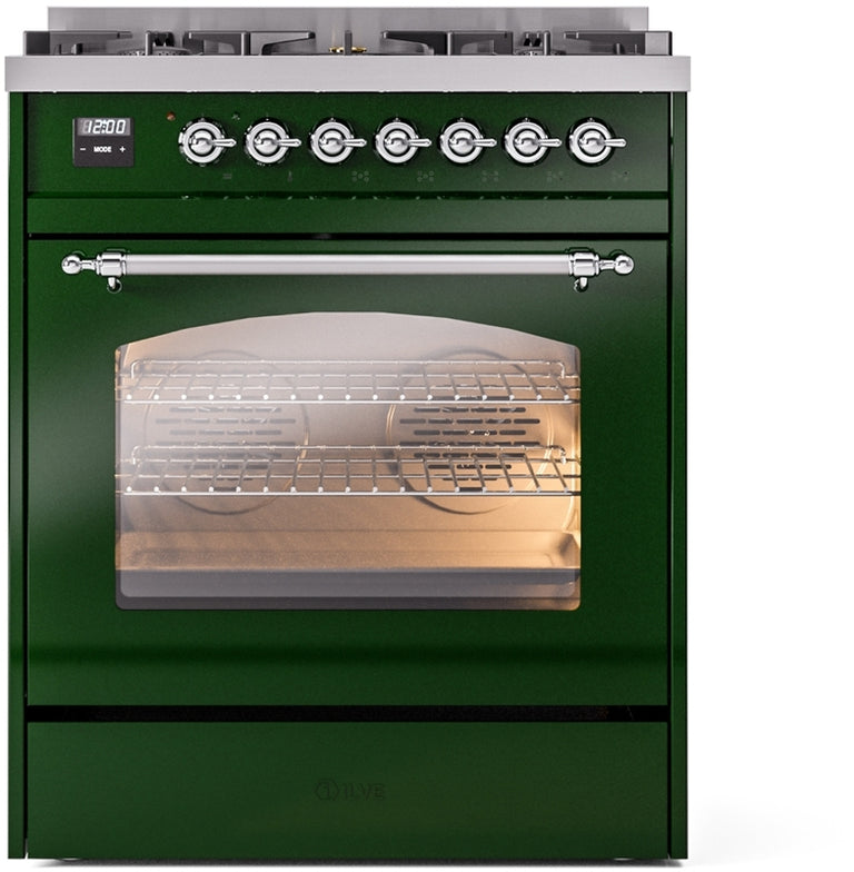 ILVE Nostalgie II 30" Dual Fuel Propane Gas Range in Emerald Green with Chrome Trim, UP30NMPEGCLP