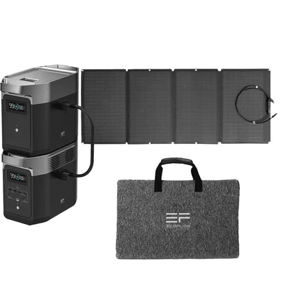 EcoFlow Package - DELTA 2 Portable Power Station (1024Wh), Extra Battery, 1 x Bifacial Portable Solar Panel (220W) and Waterproof Bag