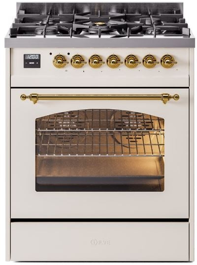 ILVE Nostalgie II 30" Dual Fuel Natural Gas Range in Antique White with Brass Trim, UP30NMPAWG