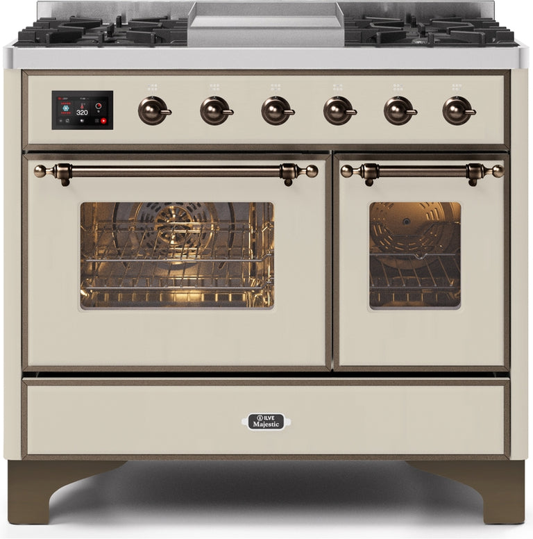 ILVE Majestic II 40" Dual Fuel Natural Gas Range in Antique White with Bronze Trim, UMD10FDNS3AWB
