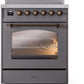 ILVE Nostalgie II 30" Induction Range with Element Stove and Electric Oven in Matte Graphite with Bronze Trim, UPI304NMPMGB