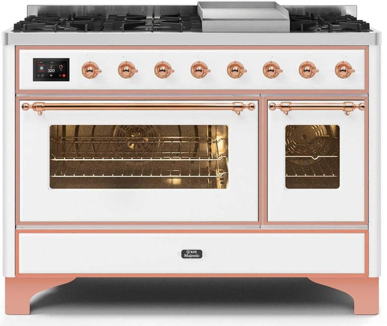 ILVE Majestic II 48" Dual Fuel Natural Gas Range in White with Copper Trim, UM12FDNS3WHP