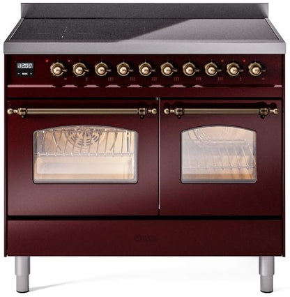 ILVE Nostalgie II 40" Induction Range with Element Stove and Electric Oven in Burgundy with Bronze Trim, UPDI406NMPBUB