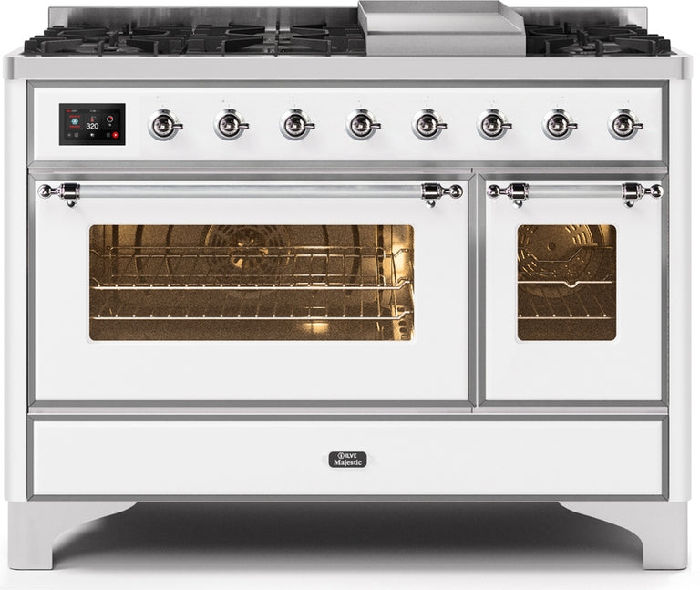 ILVE Majestic II 48" Dual Fuel Natural Gas Range in White with Chrome Trim, UM12FDNS3WHC