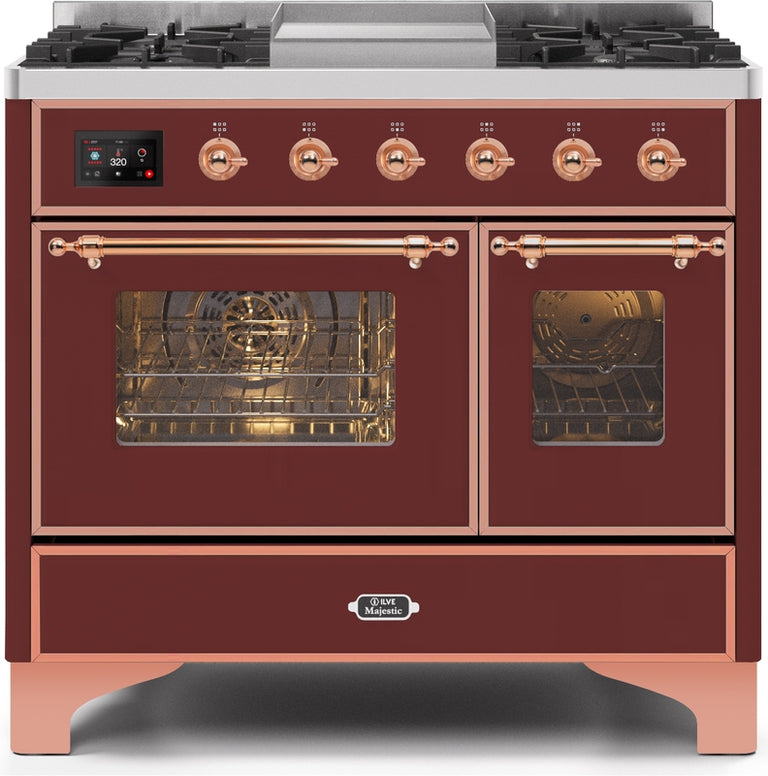 ILVE Majestic II 40" Dual Fuel Natural Gas Range in Burgundy with Copper Trim, UMD10FDNS3BUP
