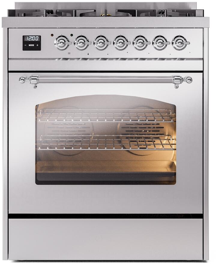 ILVE Nostalgie II 30" Dual Fuel Propane Gas Range in Stainless Steel with Chrome Trim, UP30NMPSSCLP