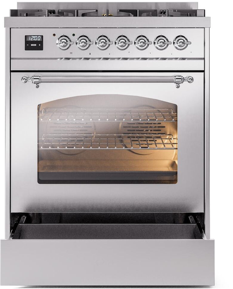 ILVE Nostalgie II 30" Dual Fuel Propane Gas Range in Stainless Steel with Chrome Trim, UP30NMPSSCLP