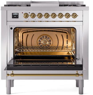 ILVE Nostalgie II 36" Dual Fuel Natural Gas Range in Stainless Steel with Brass Trim, UP36FNMPSSG