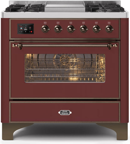 ILVE Majestic II 36" Dual Fuel Natural Gas Range in Burgundy with Bronze Trim, UM09FDNS3BUB