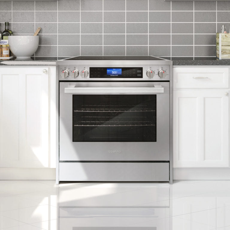 Cosmo Package - 30" Electric Range, Wall Mount Range Hood, Refrigerator with Ice Maker and Dishwasher, COS-4PKG-175
