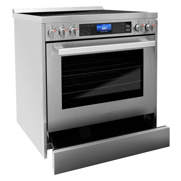 Cosmo Package - 30" Electric Range, Wall Mount Range Hood, Dishwasher, Refrigerator with Ice Maker and Wine Cooler, COS-5PKG-022