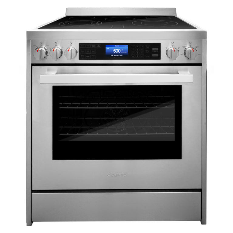 Cosmo Package - 30" Electric Range, Wall Mount Range Hood, Dishwasher, Refrigerator with Ice Maker and Wine Cooler, COS-5PKG-139