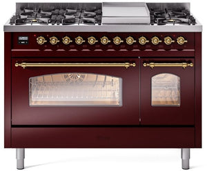 ILVE Nostalgie II 48" Dual Fuel Natural Gas Range in Burgundy with Brass Trim, UP48FNMPBUG