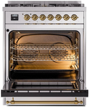 ILVE Nostalgie II 30" Dual Fuel Natural Gas Range in Stainless Steel with Brass Trim, UP30NMPSSG