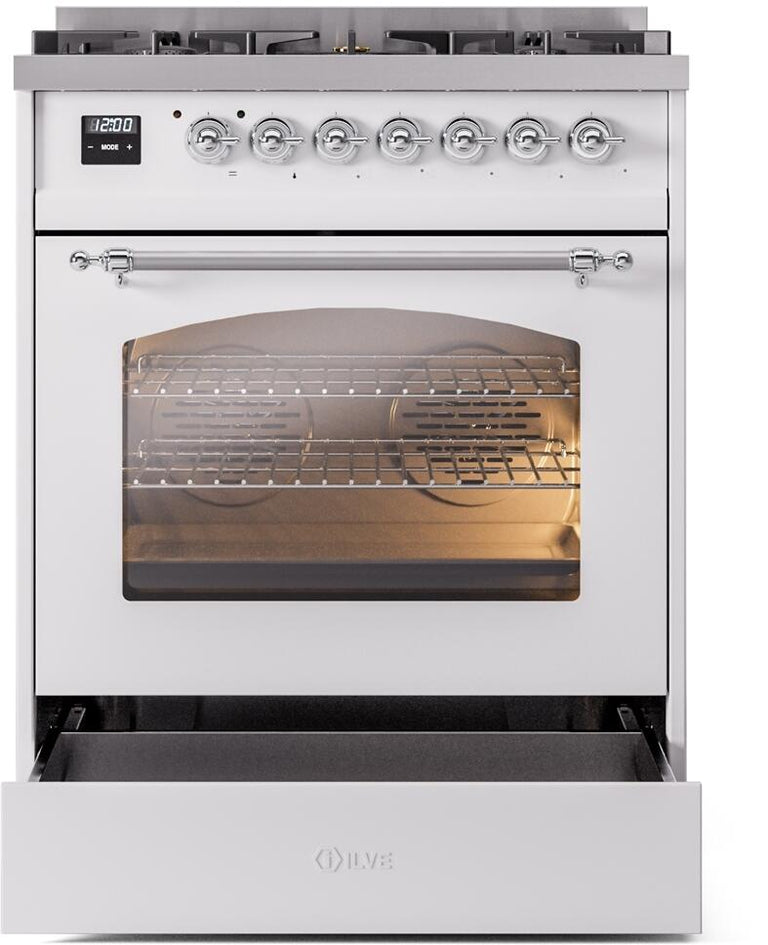 ILVE Nostalgie II 30" Dual Fuel Propane Gas Range in White with Chrome Trim, UP30NMPWHCLP