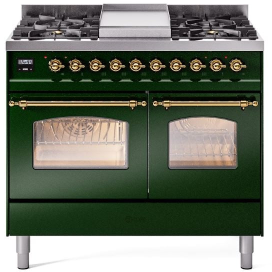 ILVE 40" Nostalgie II Dual Fuel Natural Gas Range in Emerald Green with Brass Trim, UPD40FNMPEGG