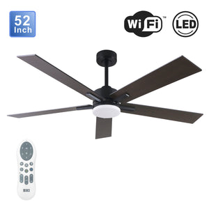 BHI 52" 5 Blades Smart Indoor Walnut&Oak LED Ceiling Fan 6-Speed with Light Kit Included