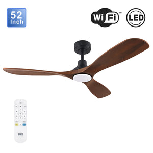 BHI 52" 3 Wood Blades Smart Indoor Walnut LED Ceiling Fan 6-Speed with Light Kit Included