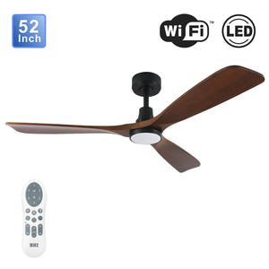 BHI 52" 3 Wood Blades Smart Indoor Walnut LED Ceiling Fan 6-Speed with Light Kit Included