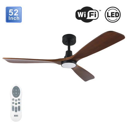 BHI 52" 3 Wood Blades Smart Indoor Walnut LED Ceiling Fan 6-Speed with Light Kit Included