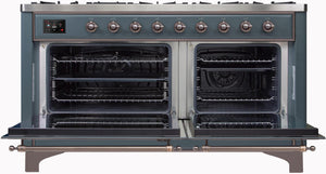 ILVE Majestic II 60" Dual Fuel Natural Gas Range in Blue Grey with Bronze Trim, UM15FDNS3BGB
