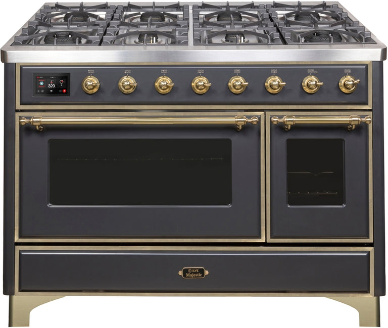 ILVE Majestic II 48" Dual Fuel Natural Gas Range in Matte Graphite with Brass Trim, UM12FDNS3MGG