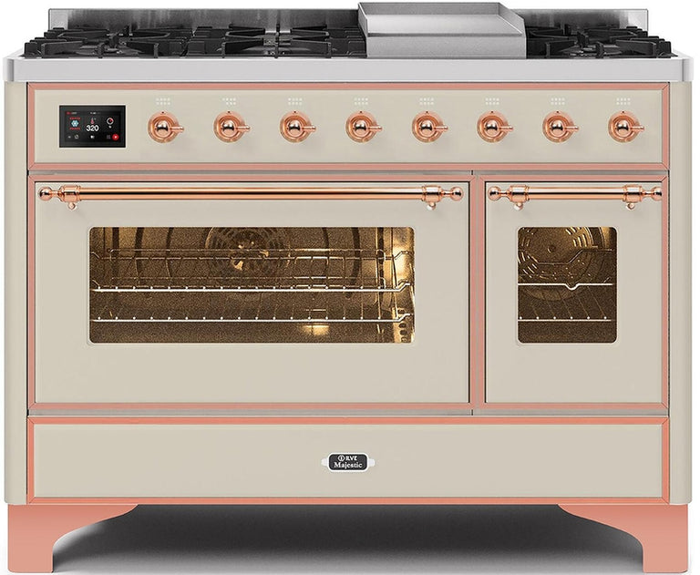 ILVE Majestic II 48" Dual Fuel Natural Gas Range in Antique White with Copper Trim, UM12FDNS3AWP