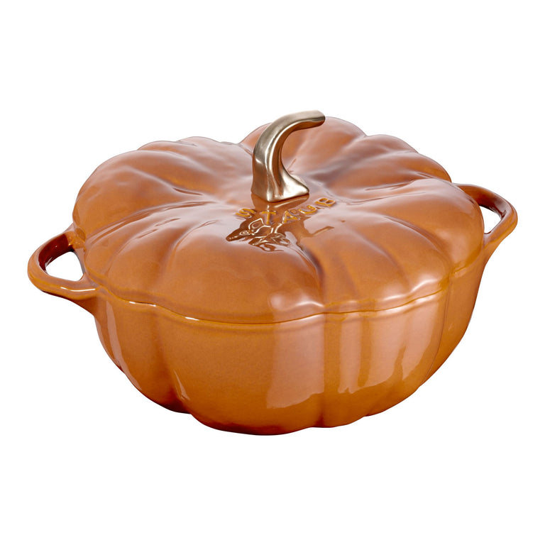 Staub 5 Qt. P Cast Iron Pumpkin Dutch Oven in Burnt Orange with Brass Handle, Specialty Shaped Cocottes Series