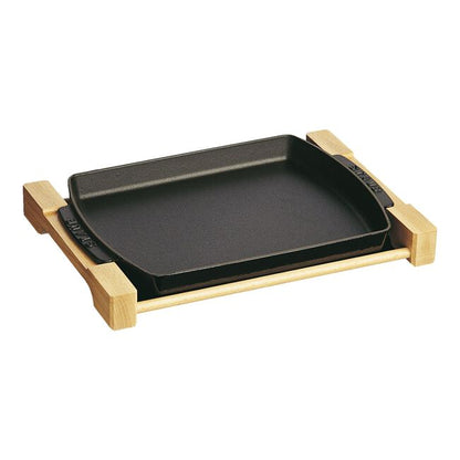 Staub Cast Iron 13-inch X 9-inch Rectangular Serving Dish with Wood Base -Black