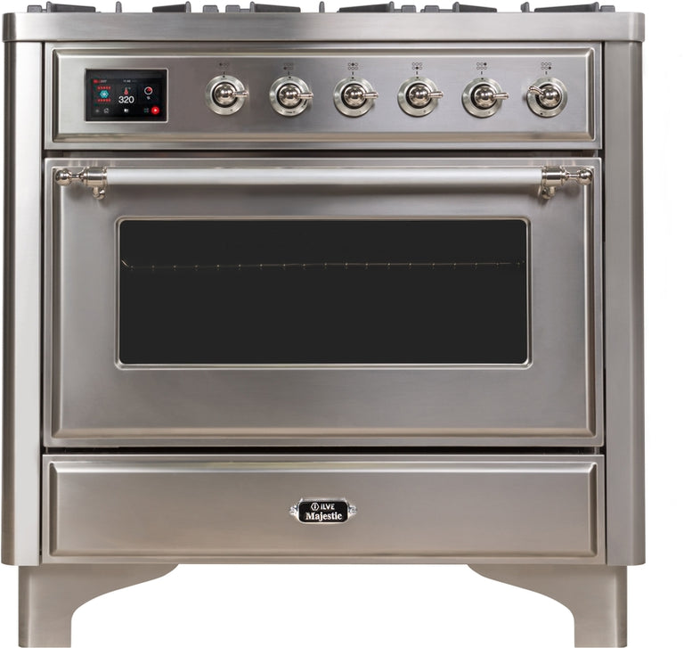 ILVE Majestic II 36" Dual Fuel Natural Gas Range in Stainless Steel with Chrome Trim, UM09FDNS3SSC