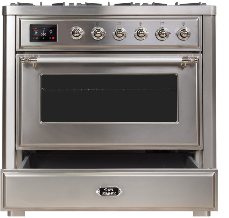ILVE Majestic II 36" Dual Fuel Natural Gas Range in Stainless Steel with Chrome Trim, UM09FDNS3SSC