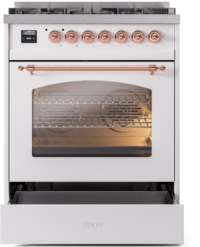 ILVE Nostalgie II 30" Dual Fuel Propane Gas Range in White with Copper Trim, UP30NMPWHPLP