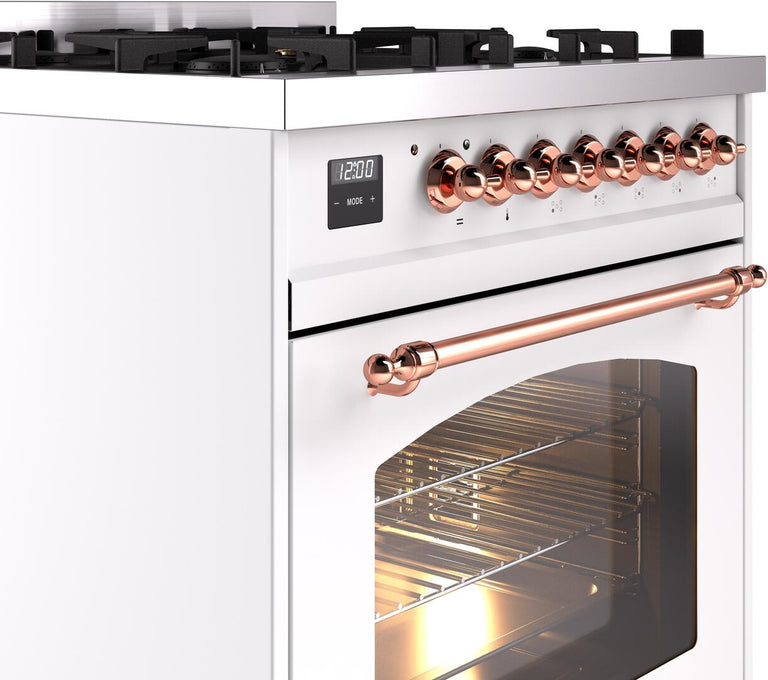 ILVE Nostalgie II 30" Dual Fuel Propane Gas Range in White with Copper Trim, UP30NMPWHPLP