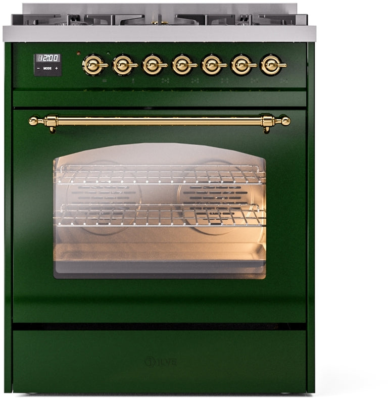 ILVE Nostalgie II 30" Dual Fuel Propane Gas Range in Emerald Green with Brass Trim, UP30NMPEGGLP