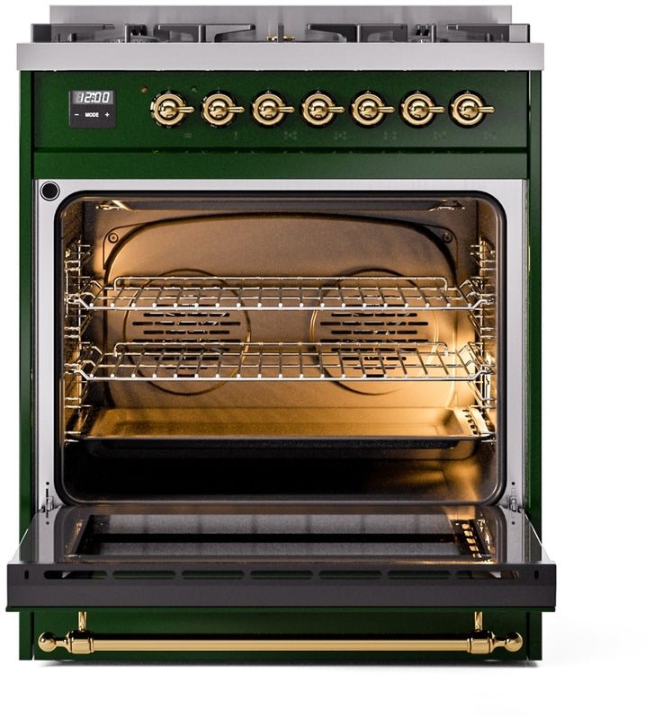 ILVE Nostalgie II 30" Dual Fuel Propane Gas Range in Emerald Green with Brass Trim, UP30NMPEGGLP
