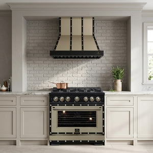FORNO Ambassador Valente 36" 427 CFM Wall Mount Range Hood with 3 Speeds, LED Light in Fingerprint Resistant Black, Antique Brass and Copper Rivet Trim, FRHWM5099-36CPBLK