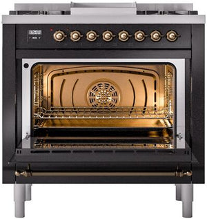 ILVE Nostalgie II 36" Dual Fuel Natural Gas Range in Glossy Black with Bronze Trim, UP36FNMPBKB