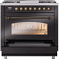 ILVE Nostalgie II 36" Dual Fuel Natural Gas Range in Glossy Black with Bronze Trim, UP36FNMPBKB