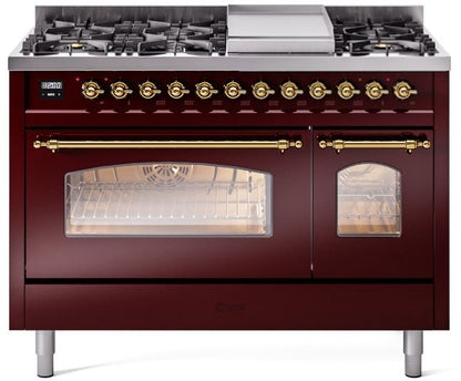 ILVE Nostalgie II 48" Dual Fuel Propane Gas Range in Burgundy with Brass Trim, UP48FNMPBUGLP